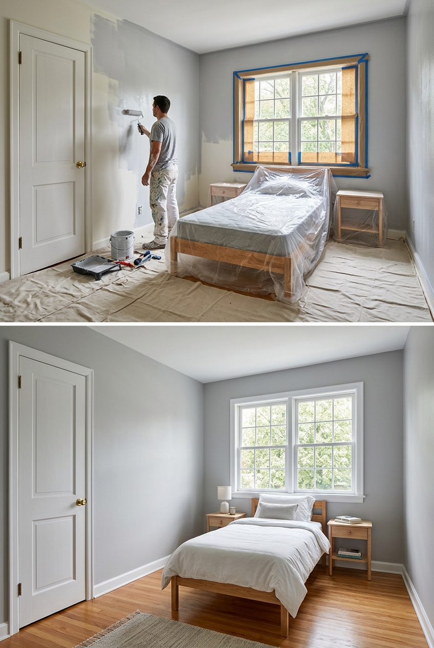 Ejemplo ilustrativo de habitación antes y después de pintar